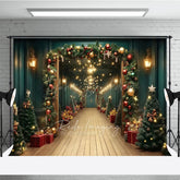 Lofaris Grand Christmas Hallway Photography Backdrop Elegant Garland and String Lights Holiday Party Photo Background
